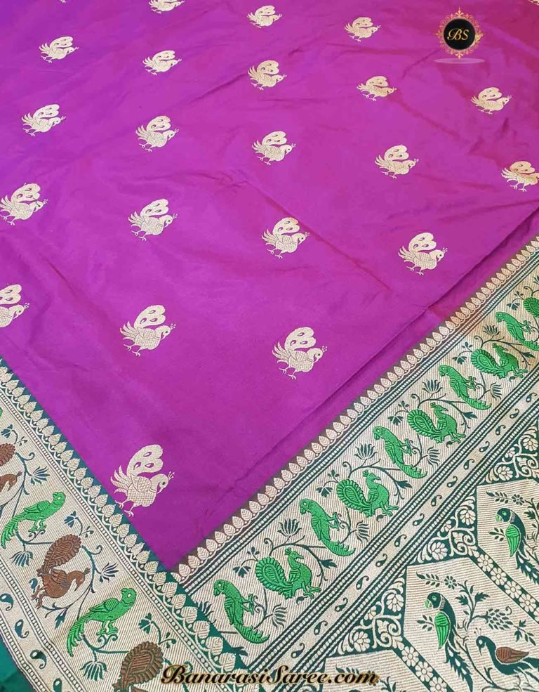 Pure Banarasi Handloom Katan Silk Purple Color Paithani Border Figure Boota Saree - Image 2