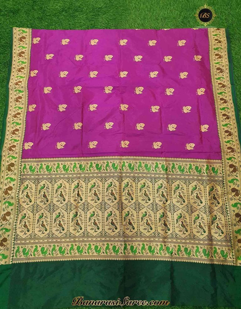 Pure Banarasi Handloom Katan Silk Purple Color Paithani Border Figure Boota Saree - Image 3