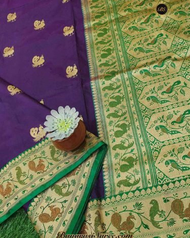 Pure Banarasi Handloom Katan Silk Dark Purple Paithani Border Figure Boota Saree