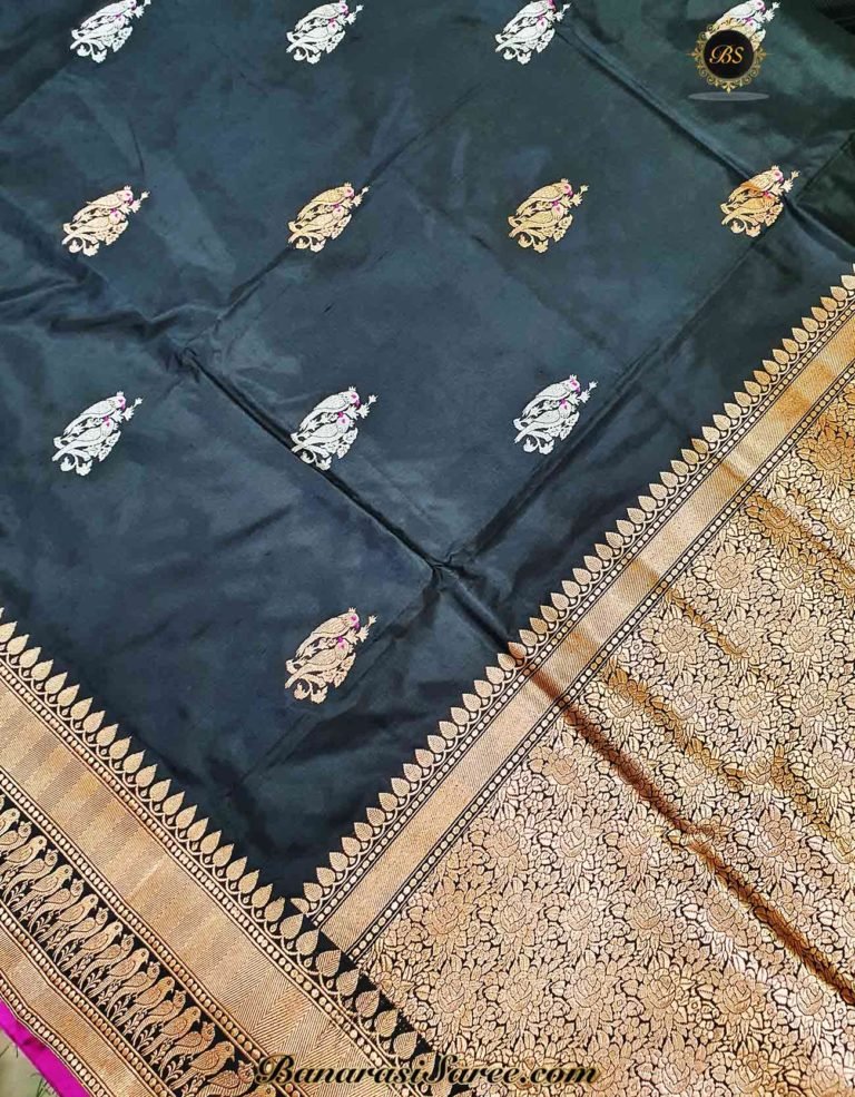 Pure Banarasi Handloom Katan Silk Black Color Sona Roopa Figure Boota Saree - Image 2