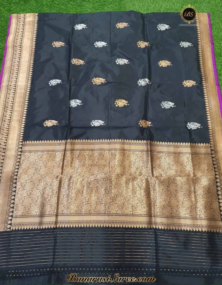 Pure Banarasi Handloom Katan Silk Black Color Sona Roopa Figure Boota Saree - Image 4