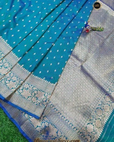 Pure Banarasi Handloom Katan Silk Peacock Blue Color Zari Booty Saree