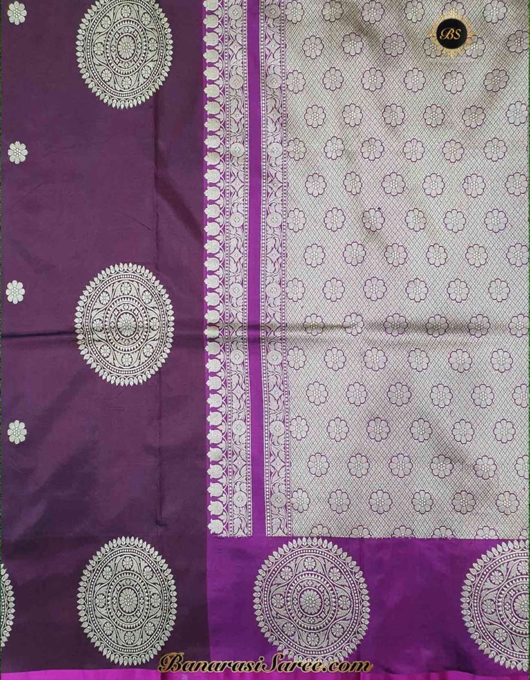 Pure Banarasi Handloom Katan Silk Dark Magenta Boota Border Saree - Image 3