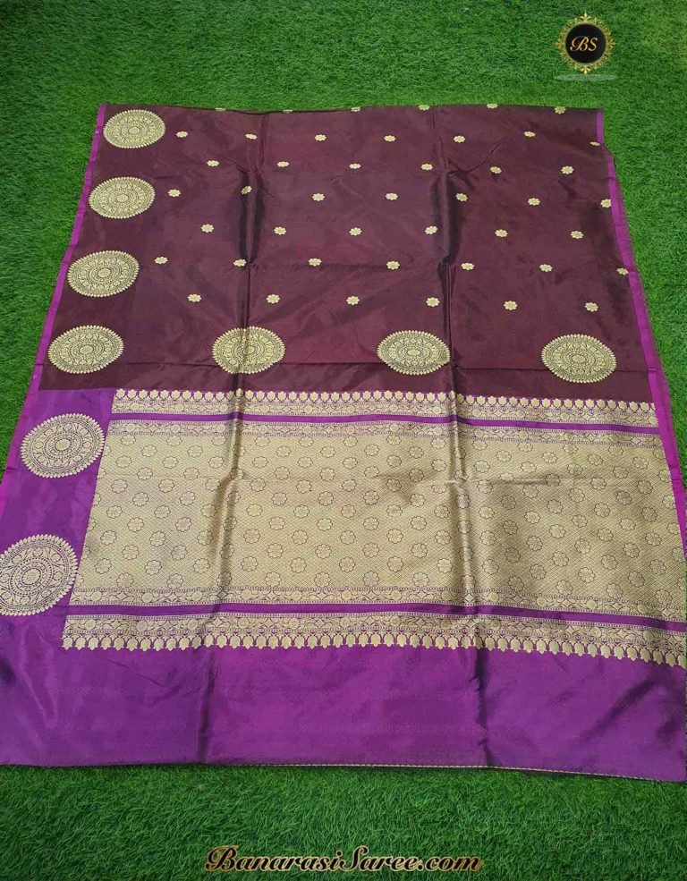 Pure Banarasi Handloom Katan Silk Dark Magenta Boota Border Saree - Image 4