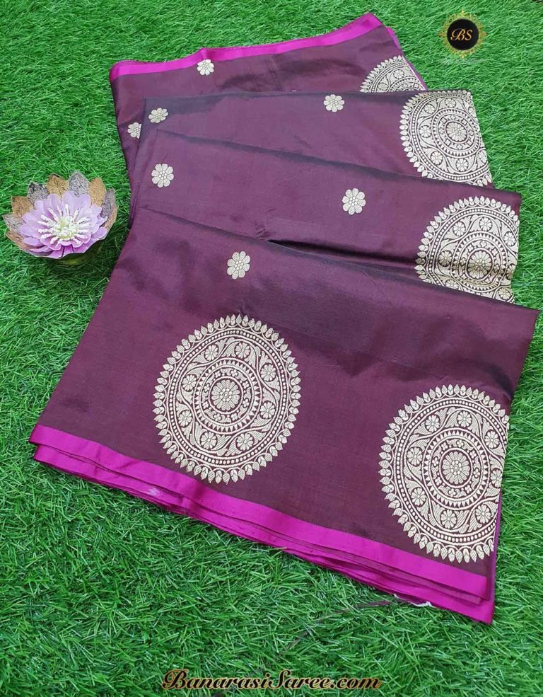 Pure Banarasi Handloom Katan Silk Dark Magenta Boota Border Saree