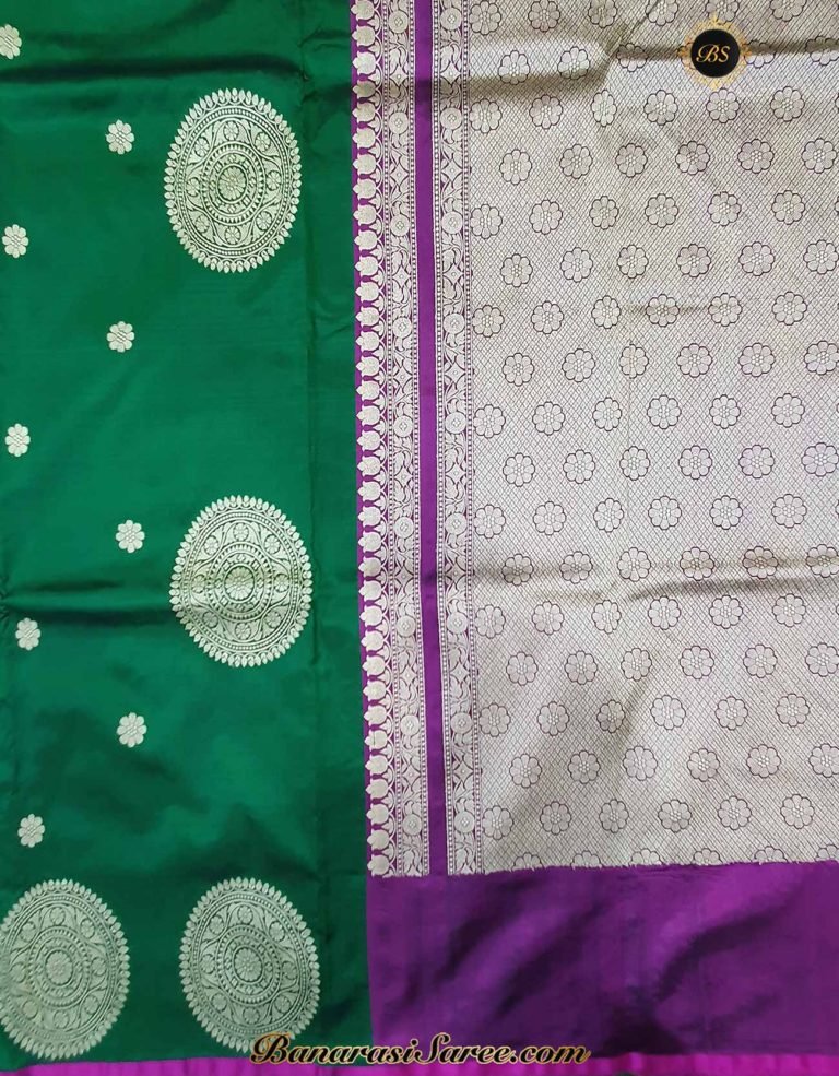 Pure Banarasi Handloom Katan Silk Green Color Boota Border Saree - Image 3