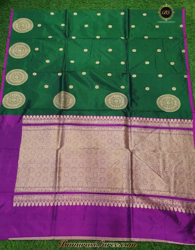 Pure Banarasi Handloom Katan Silk Green Color Boota Border Saree - Image 4