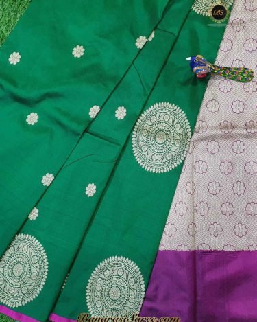 Pure Banarasi Handloom Katan Silk Green Color Boota Border Saree