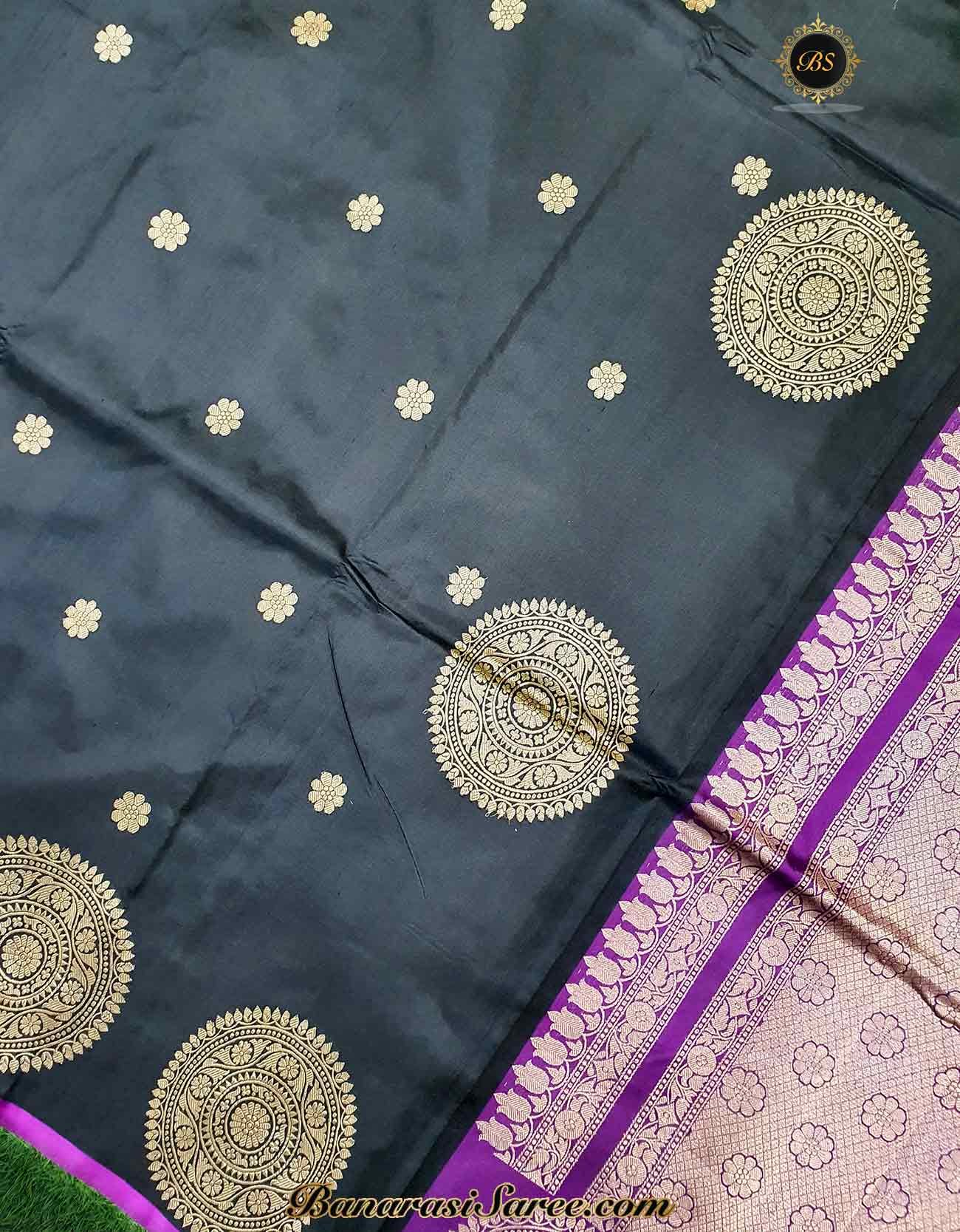 Pure Banarasi Handloom Katan Silk Black Color Boota Border Saree - Image 2