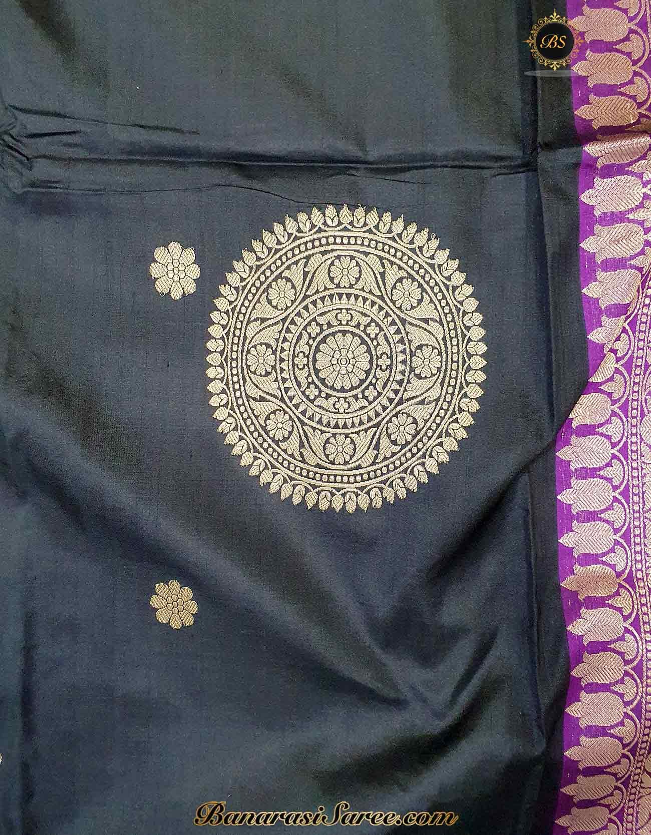 Pure Banarasi Handloom Katan Silk Black Color Boota Border Saree - Image 3