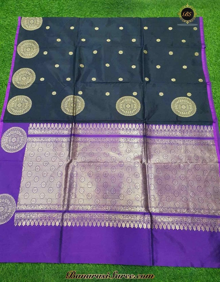 Pure Banarasi Handloom Katan Silk Black Color Boota Border Saree - Image 4