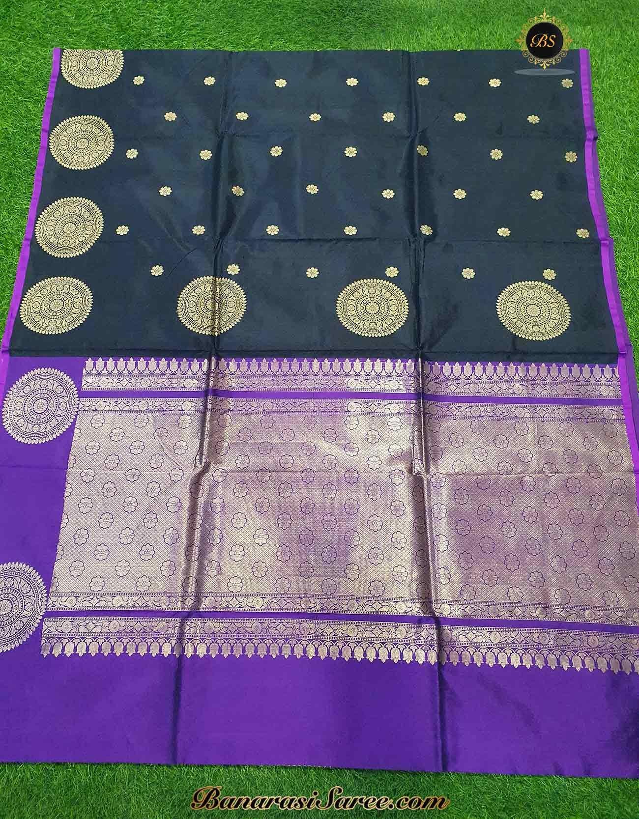 Pure Banarasi Handloom Katan Silk Black Color Boota Border Saree - Image 4