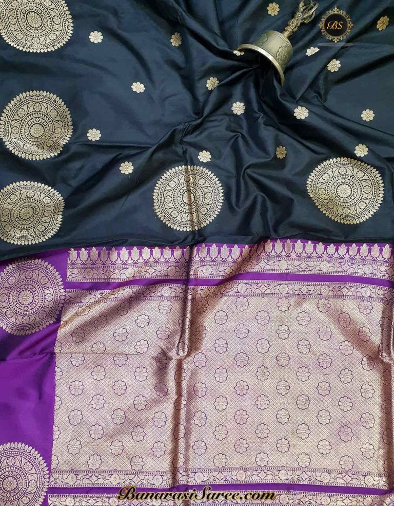 Pure Banarasi Handloom Katan Silk Black Color Boota Border Saree