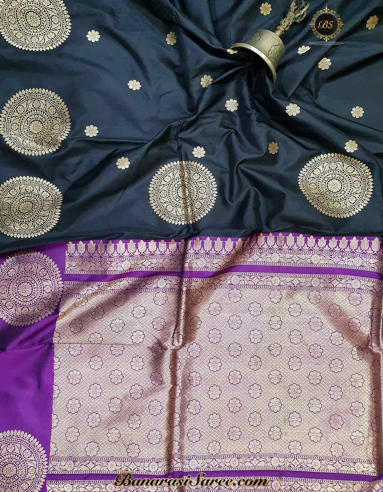 Pure Banarasi Handloom Katan Silk Black Color Boota Border Saree