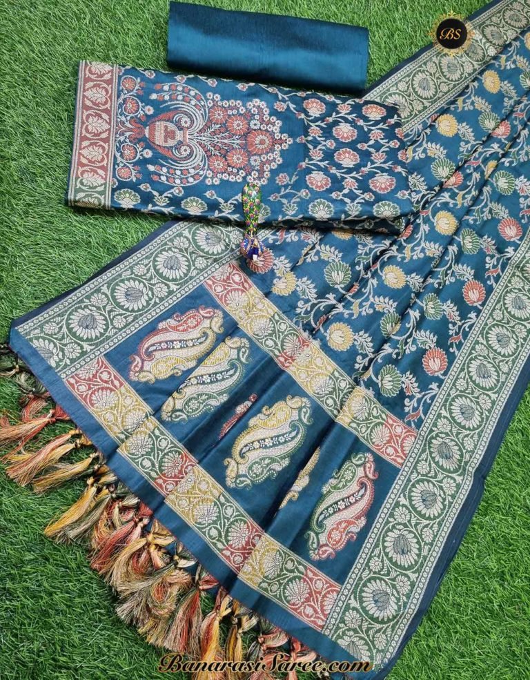 Banarasi Handloom Cotton Silk Peacock Blue Color Alfi Jaal Suit