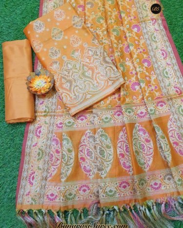 Banarasi Handloom Cotton Silk Light Orange Color Alfi Boota Suit