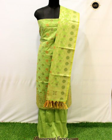Banarasi Handloom Cotton Silk Parrot Green Color Alfi Jaal Suit