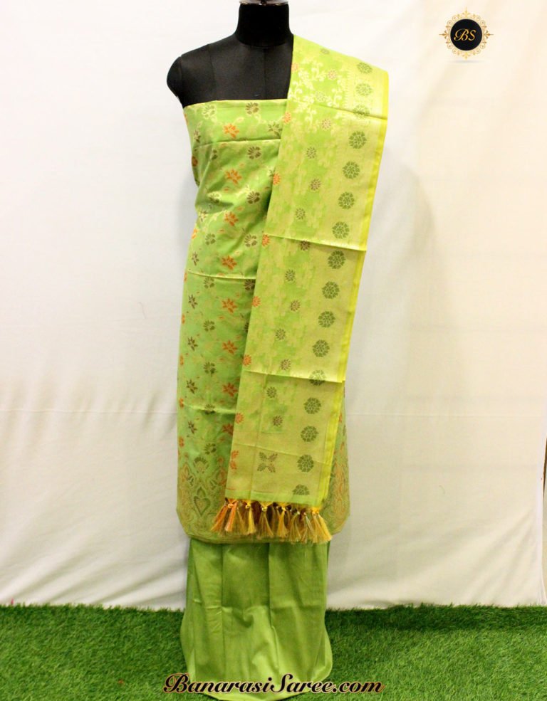 Banarasi Handloom Cotton Silk Parrot Green Color Alfi Jaal Suit