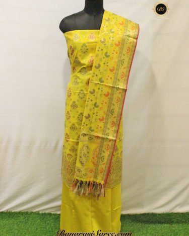 Banarasi Handloom Cotton Silk Lemon Yellow Color Alfi Boota Suit