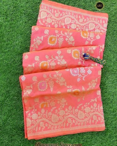 Pure Banarasi Handloom Katan Silk Peach Color Meenakari Jangla Saree
