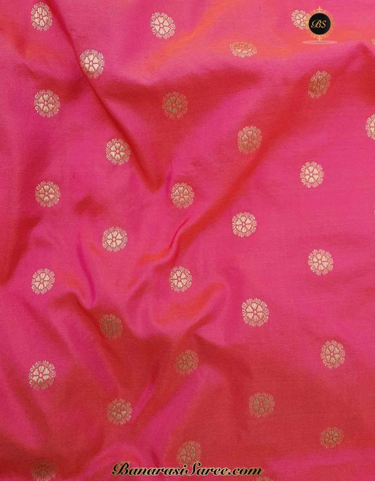 Pure Banarasi Handloom Katan Pink Color Meenakari Skirt Booty Saree - Image 4