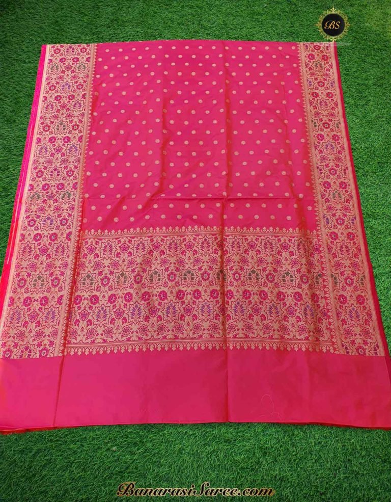 Pure Banarasi Handloom Katan Pink Color Meenakari Skirt Booty Saree - Image 5