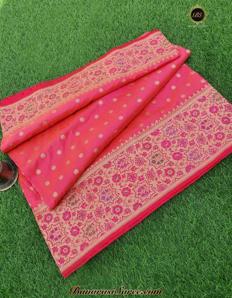Pure Banarasi Handloom Katan Pink Color Meenakari Skirt Booty Saree