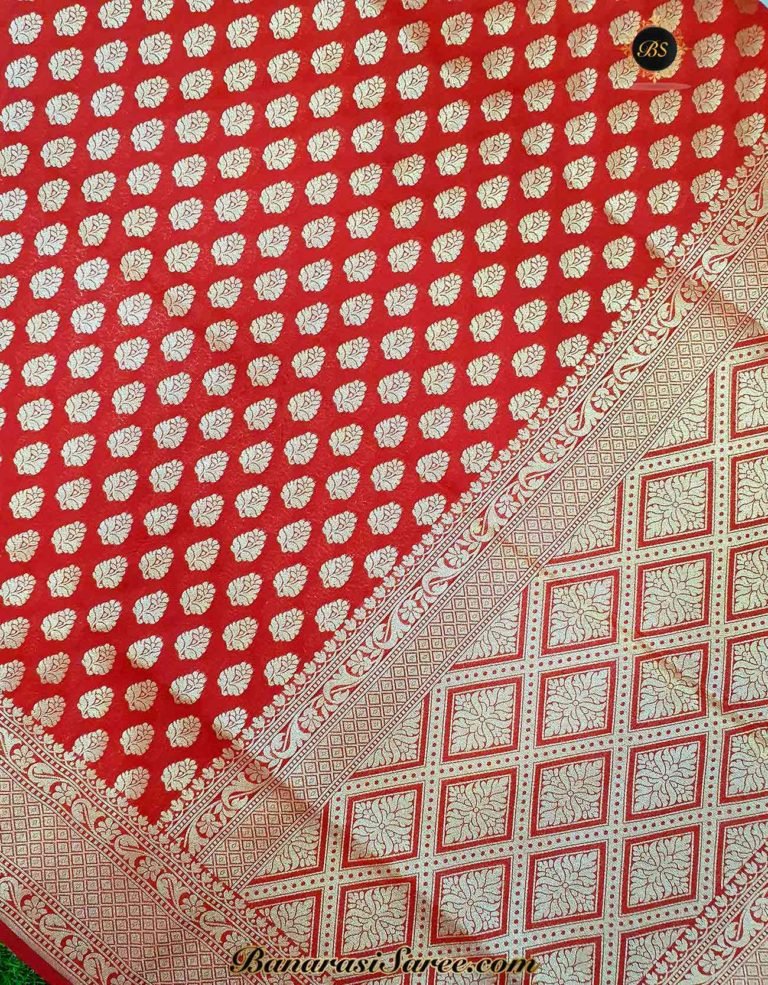 Banarasi Handloom Soft Silk Red Color Zari Booty Saree - Image 2