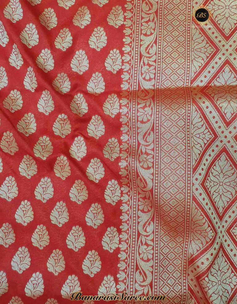 Banarasi Handloom Soft Silk Red Color Zari Booty Saree - Image 4