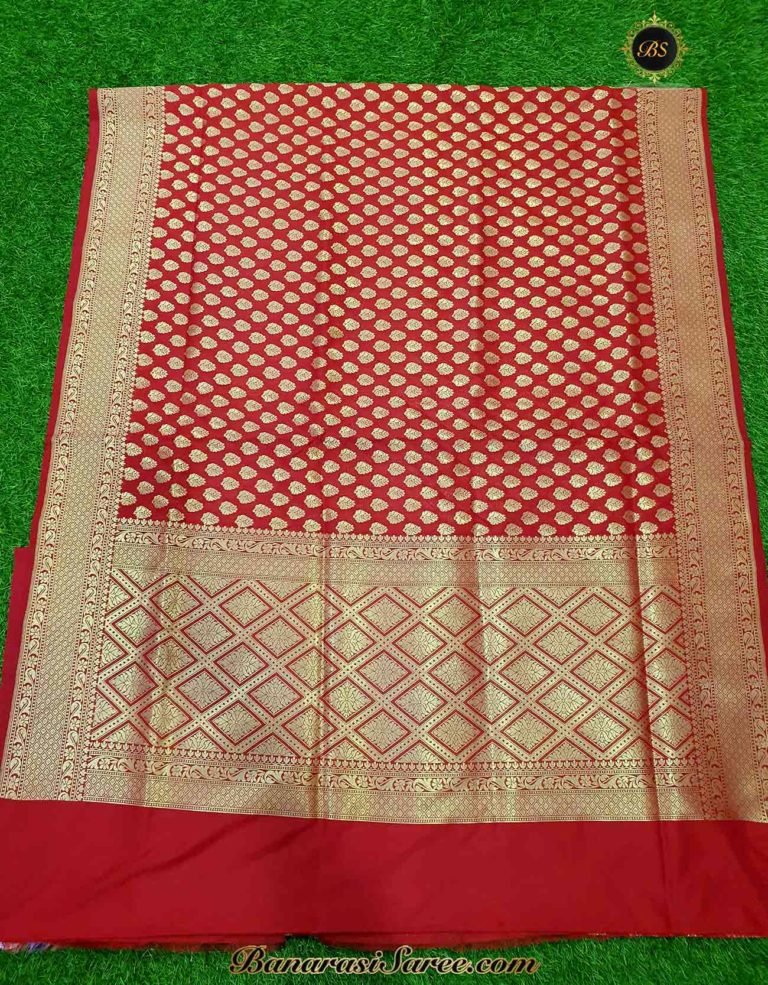Banarasi Handloom Soft Silk Red Color Zari Booty Saree - Image 5