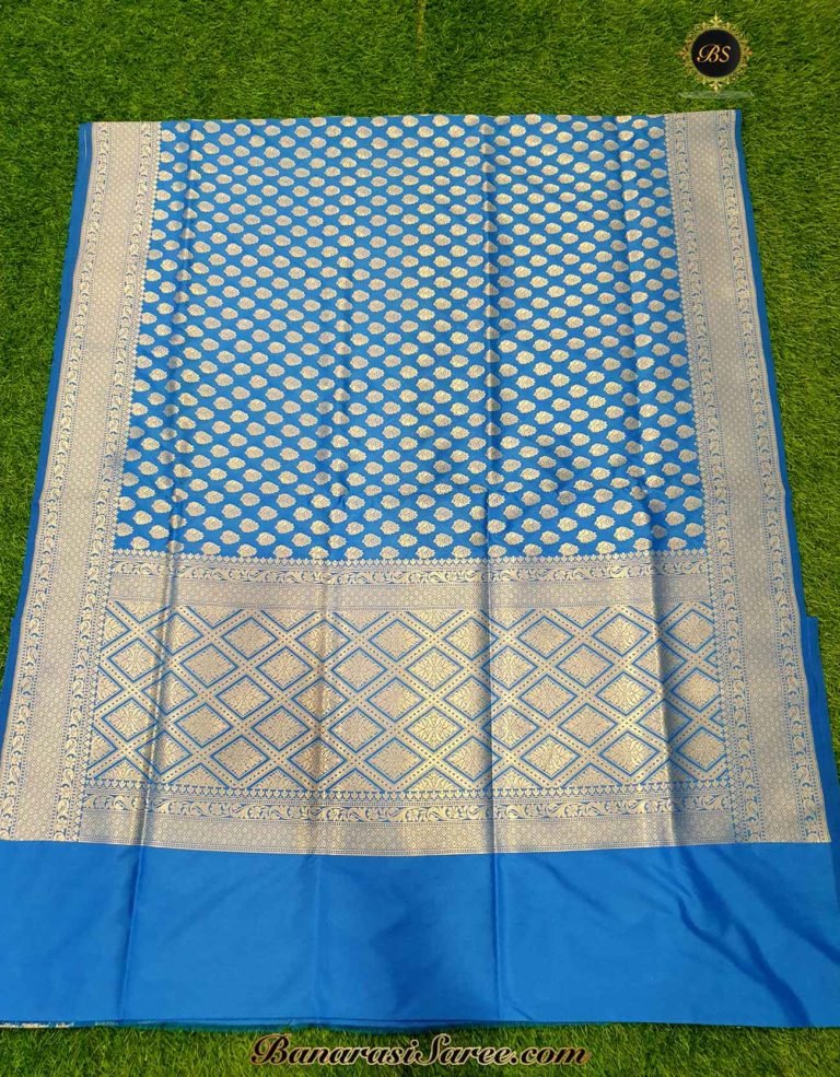 Banarasi Handloom Soft Silk Sky Blue Color Zari Booty Saree - Image 5