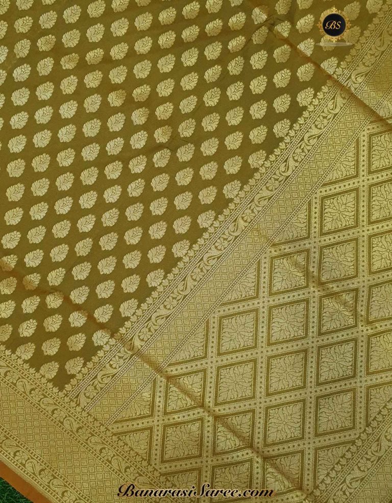 Banarasi Handloom Soft Silk Olive Green Color Zari Booty Saree - Image 2
