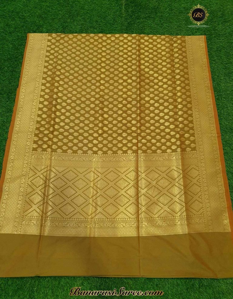 Banarasi Handloom Soft Silk Olive Green Color Zari Booty Saree - Image 5