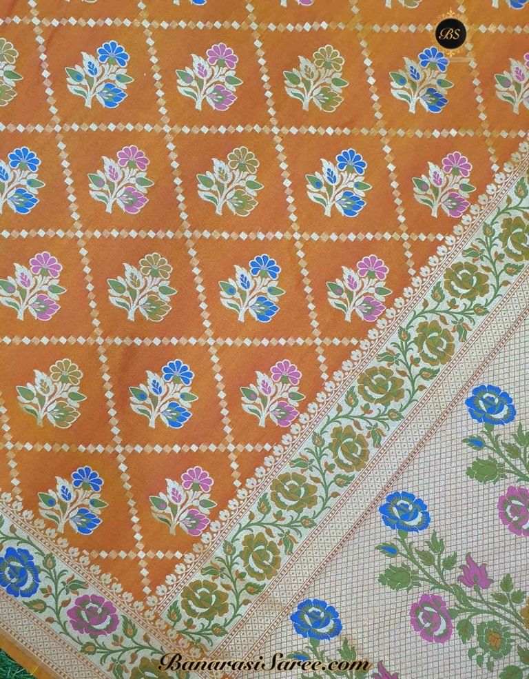 Banarasi Handloom Soft Silk Orange Color Meena Boota Saree - Image 2