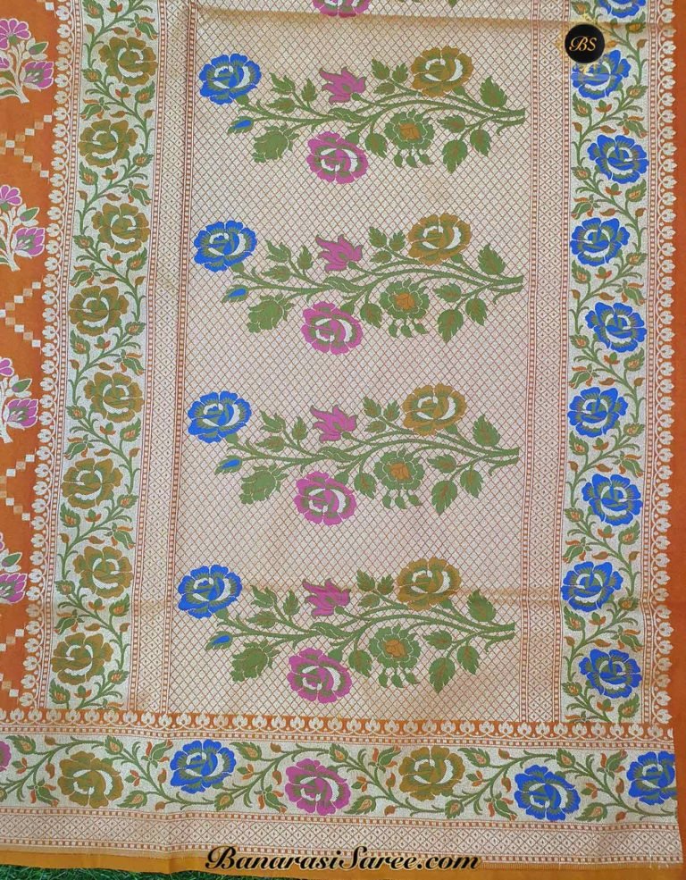 Banarasi Handloom Soft Silk Orange Color Meena Boota Saree - Image 3