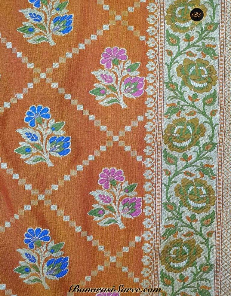 Banarasi Handloom Soft Silk Orange Color Meena Boota Saree - Image 4