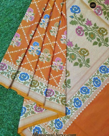 Banarasi Handloom Soft Silk Orange Color Meena Boota Saree