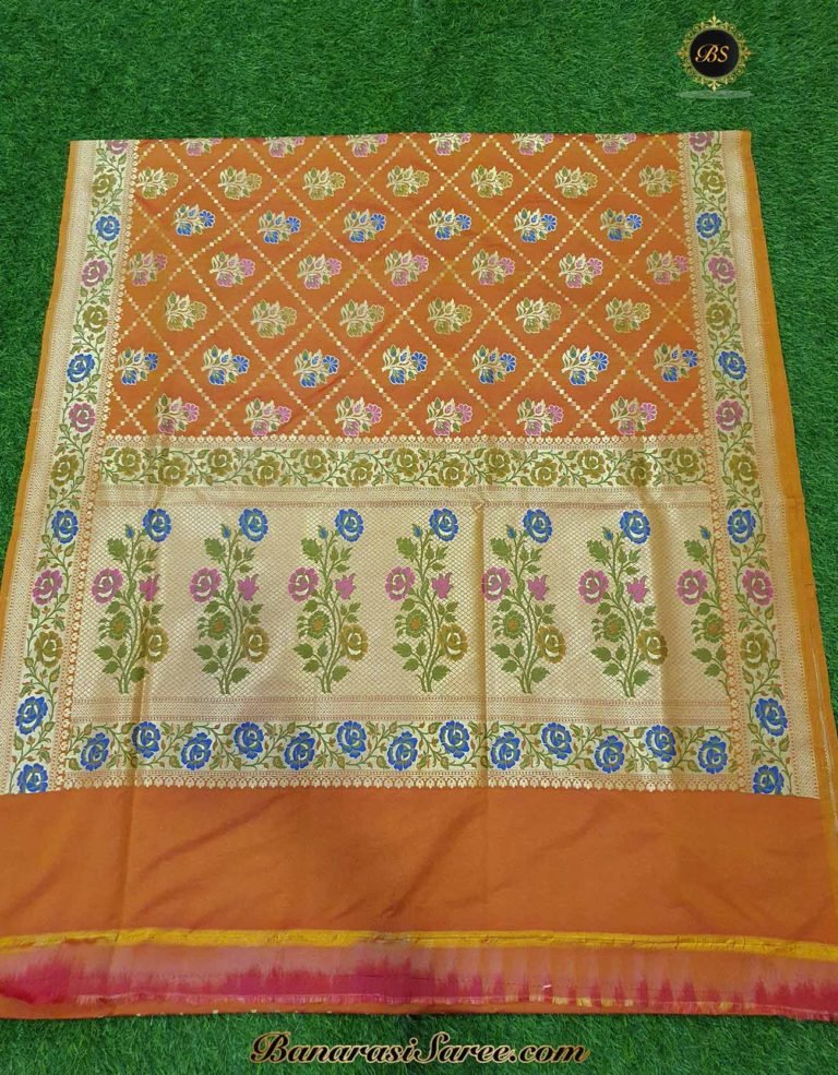 Banarasi Handloom Soft Silk Orange Color Meena Boota Saree - Image 5