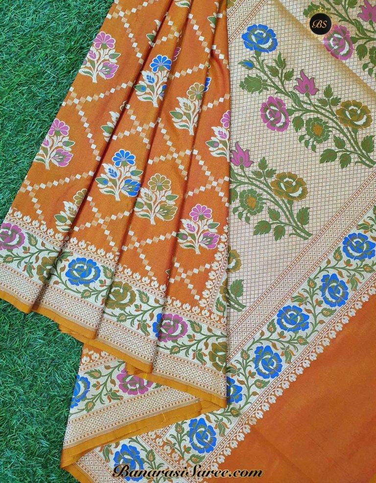 Banarasi Handloom Soft Silk Orange Color Meena Boota Saree