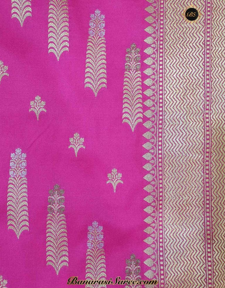 Banarasi Handloom Soft Silk Bright Pink Color Golden Zari Saree - Image 4