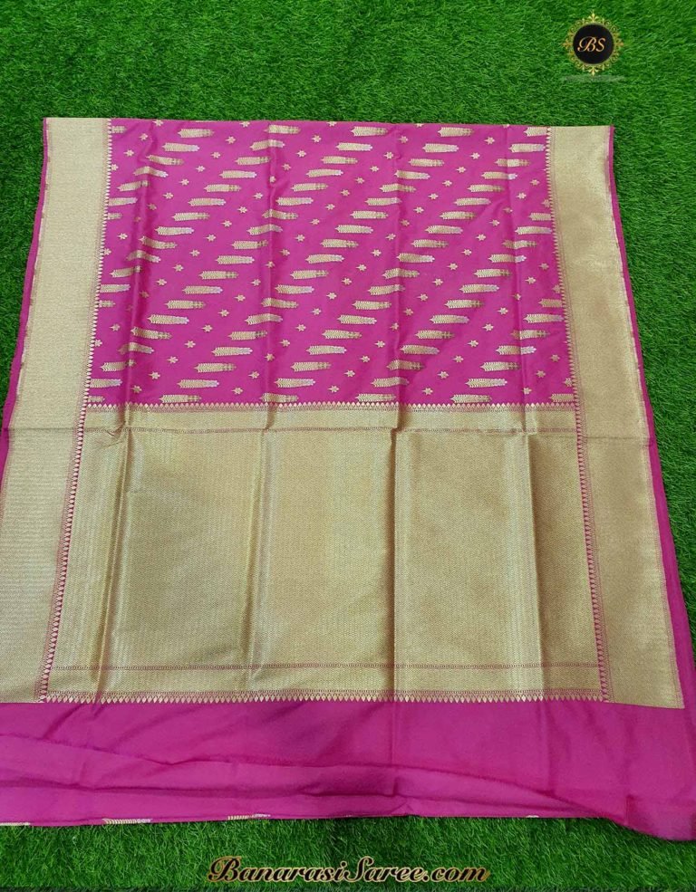 Banarasi Handloom Soft Silk Bright Pink Color Golden Zari Saree - Image 5