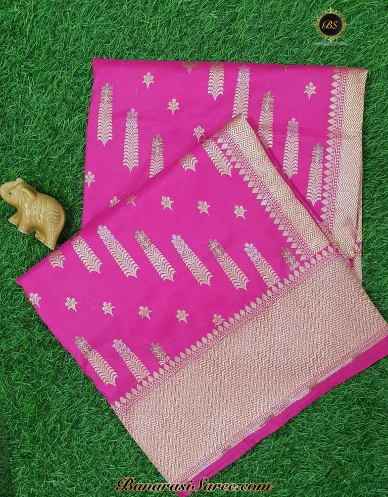 Banarasi Handloom Soft Silk Bright Pink Color Golden Zari Saree