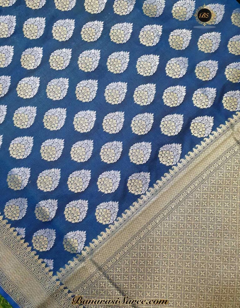 Banarasi Handloom Soft Silk Navy Blue Color Sona Roopa Boota Saree - Image 2