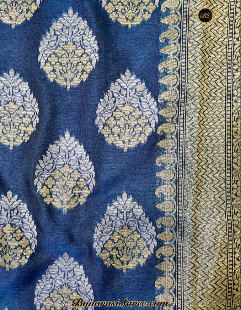 Banarasi Handloom Soft Silk Navy Blue Color Sona Roopa Boota Saree - Image 4