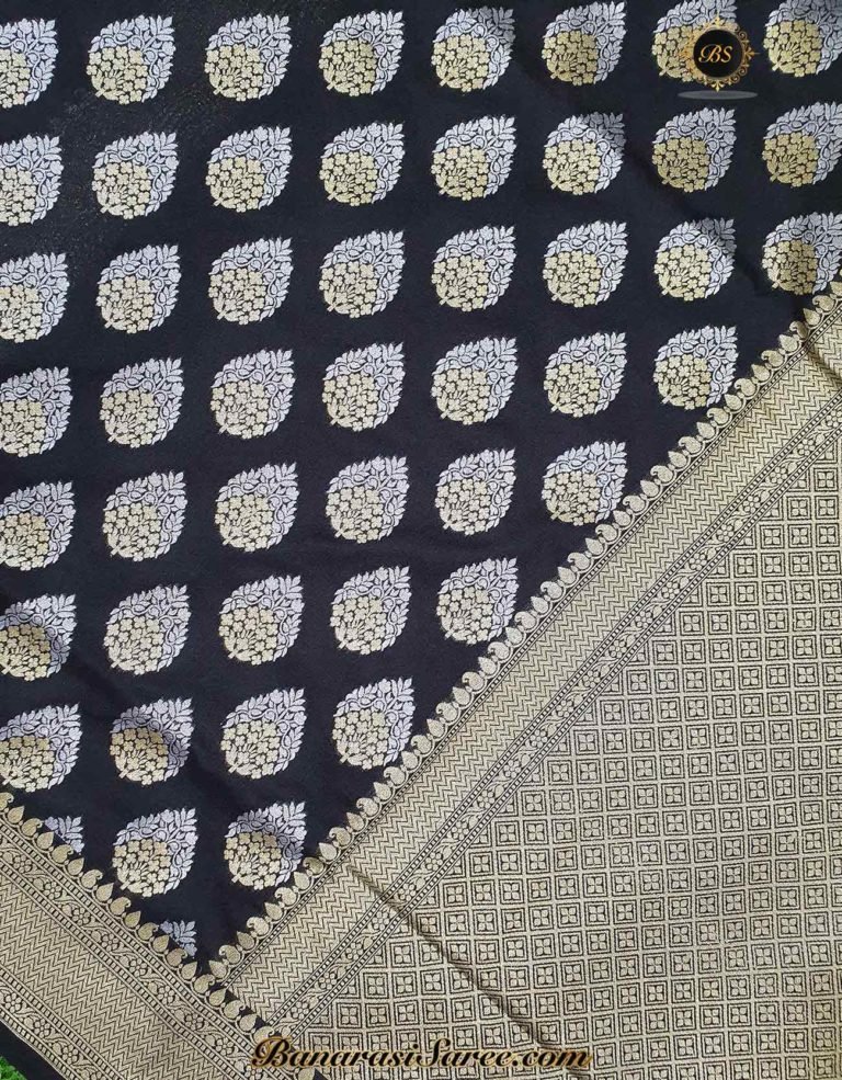 Banarasi Handloom Soft Silk Black Color Sona Roopa Boota Saree - Image 2
