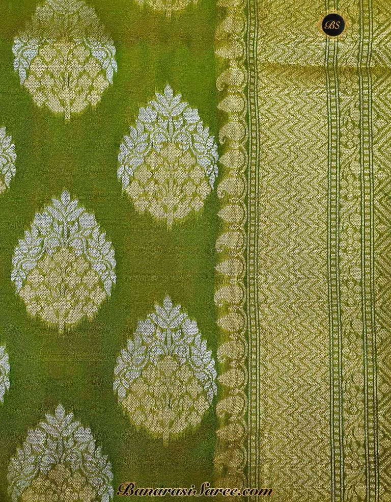 Banarasi Handloom Soft Silk Mehandi Green Color Sona Roopa Boota Saree - Image 4