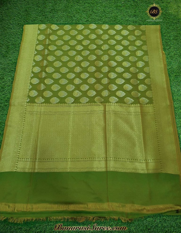 Banarasi Handloom Soft Silk Mehandi Green Color Sona Roopa Boota Saree - Image 5