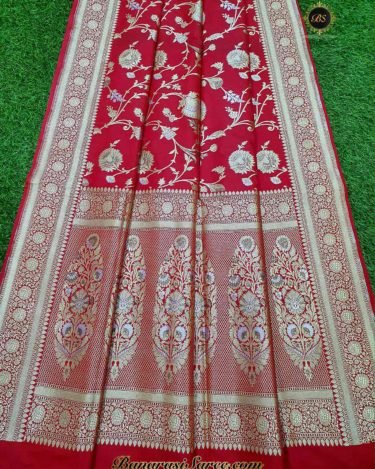 Banarasi Handloom Soft Silk Red Color Sona Roopa Jaal Saree