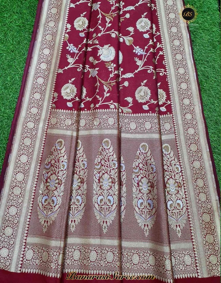 Banarasi Handloom Soft Silk Maroon Color Sona Roopa Jaal Saree