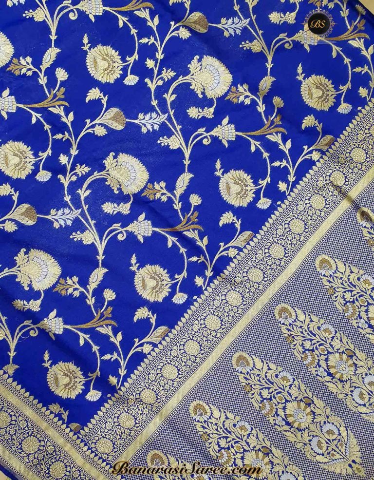 Banarasi Handloom Soft Silk Royal Blue Color Sona Roopa Jaal Saree - Image 2